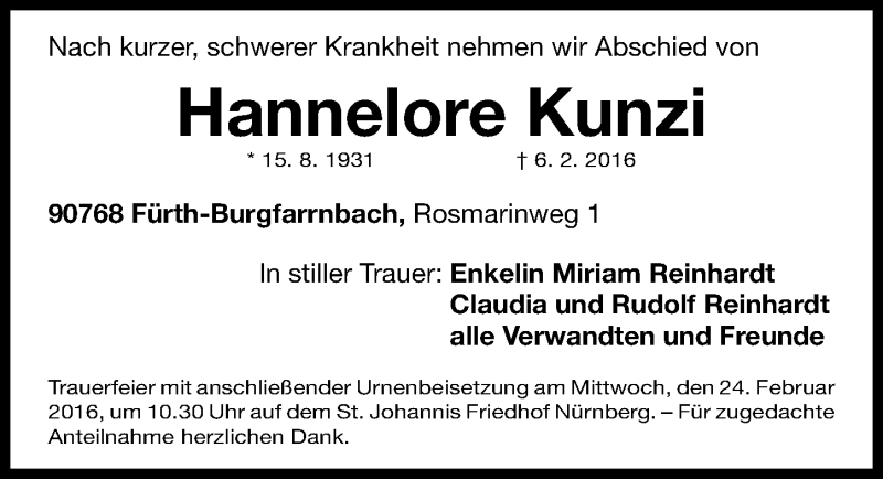  Traueranzeige für Hannelore Kunzi vom 20.02.2016 aus Gesamtausgabe Nürnberger Nachrichten/ Nürnberger Ztg.