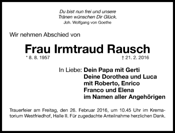 Traueranzeige von Irmtraud Rausch von Gesamtausgabe Nürnberger Nachrichten/ Nürnberger Ztg.