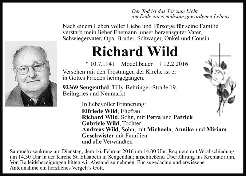  Traueranzeige für Richard Wild vom 15.02.2016 aus Neumarkter Nachrichten Lokal