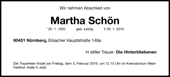 Traueranzeige von Martha Schön von Gesamtausgabe Nürnberger Nachrichten/ Nürnberger Ztg.