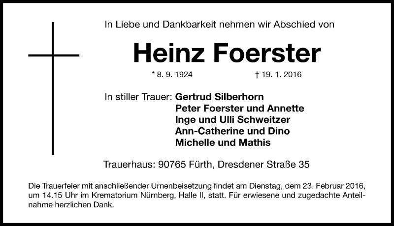  Traueranzeige für Heinz Foerster vom 19.02.2016 aus Gesamtausgabe Nürnberger Nachrichten/ Nürnberger Ztg.