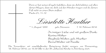Traueranzeige von Lieselotte Huether von Gesamtausgabe Nürnberger Nachrichten/ Nürnberger Ztg.