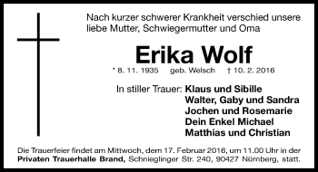 Traueranzeige von Erika Wolf von Gesamtausgabe Nürnberger Nachrichten/ Nürnberger Ztg.