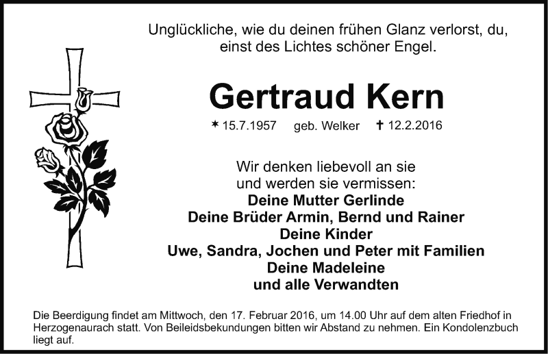  Traueranzeige für Gertraud Kern vom 15.02.2016 aus Nordbayerische Nachrichten Herzogenaurach Lokal