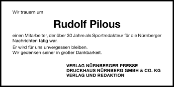 Traueranzeige von Rudolf Pilous von Gesamtausgabe Nürnberger Nachrichten/ Nürnberger Ztg.