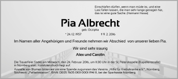 Traueranzeige von Pia Albrecht von Gesamtausgabe Nürnberger Nachrichten/ Nürnberger Ztg.