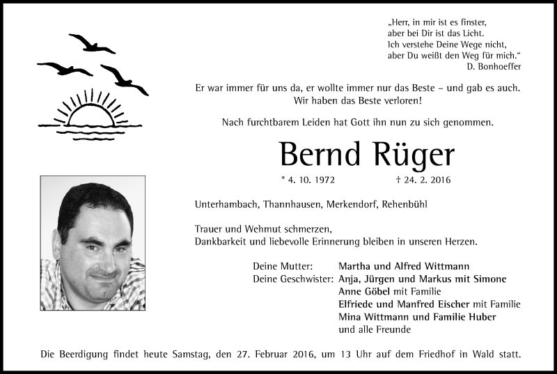  Traueranzeige für Bernd Rüger vom 27.02.2016 aus Altmühl-Bote Lokal