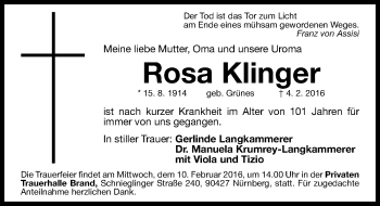 Traueranzeige von Rosa Klinger von Gesamtausgabe Nürnberger Nachrichten/ Nürnberger Ztg.