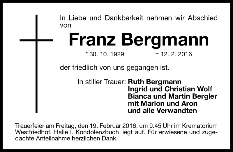  Traueranzeige für Franz Bergmann vom 17.02.2016 aus Gesamtausgabe Nürnberger Nachrichten/ Nürnberger Ztg.