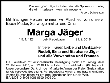 Traueranzeige von Marga Jäger von Gesamtausgabe Nürnberger Nachrichten/ Nürnberger Ztg.