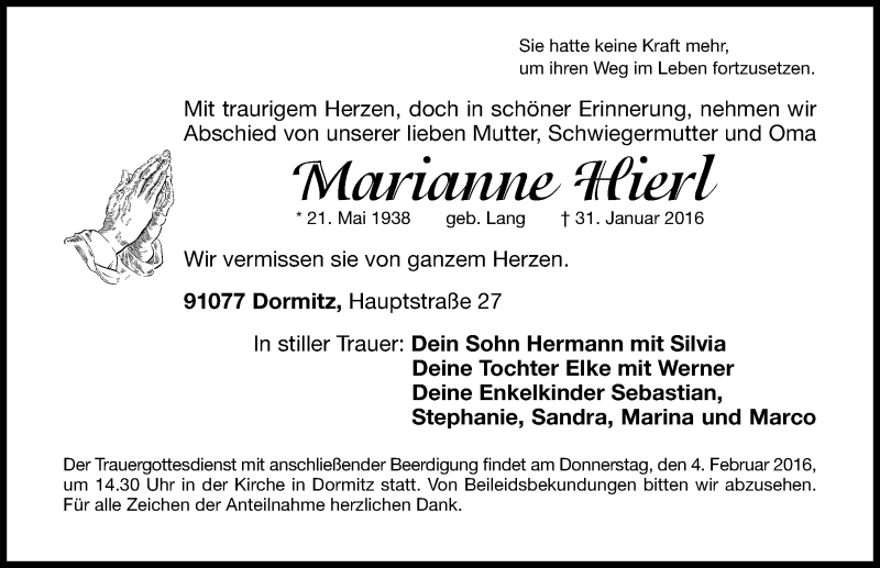  Traueranzeige für Marianne Hierl vom 02.02.2016 aus Erlanger Nachrichten/ Nordbayer. Nachrichten Forchheim