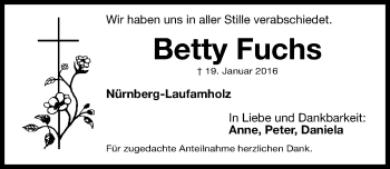 Traueranzeige von Betty Fuchs von Gesamtausgabe Nürnberger Nachrichten/ Nürnberger Ztg.