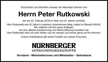 Traueranzeige von Peter Rutkowski von Gesamtausgabe Nürnberger Nachrichten/ Nürnberger Ztg.