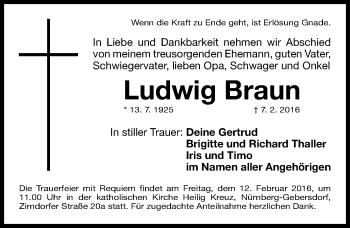 Traueranzeige von Ludwig Braun von Gesamtausgabe Nürnberger Nachrichten/ Nürnberger Ztg.