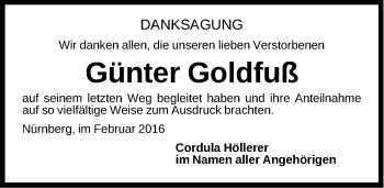 Traueranzeige von Günter Goldfuß von Gesamtausgabe Nürnberger Nachrichten/ Nürnberger Ztg.