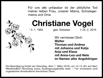 Traueranzeige von Christiane Vogel von Gesamtausgabe Nürnberger Nachrichten/ Nürnberger Ztg.