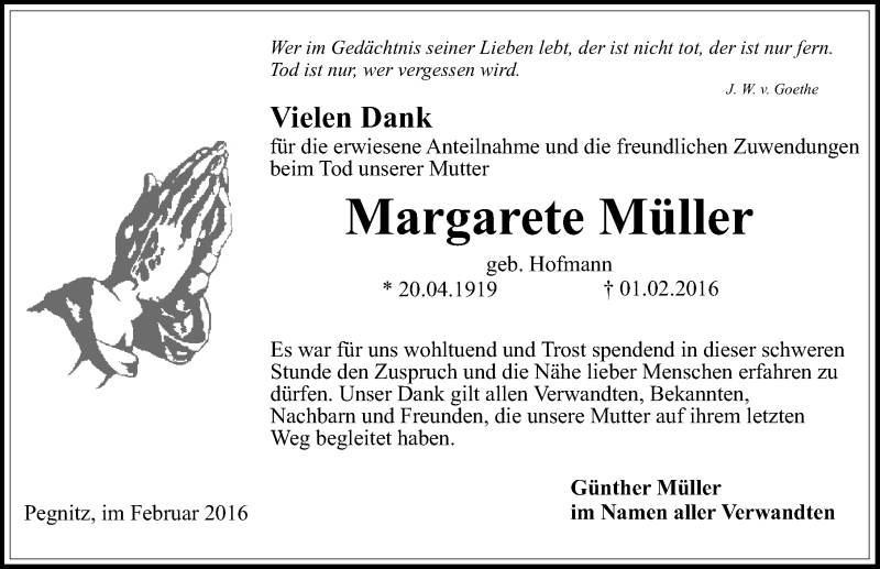  Traueranzeige für Margarete Müller vom 15.02.2016 aus Nordbayerische Nachrichten Pegnitz Lokal