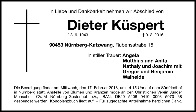  Traueranzeige für Dieter Küspert vom 13.02.2016 aus Gesamtausgabe Nürnberger Nachrichten/ Nürnberger Ztg.