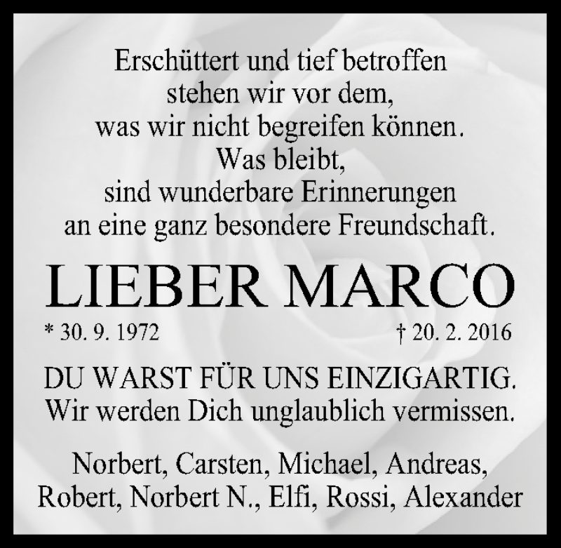  Traueranzeige für Marco  vom 26.02.2016 aus Gesamtausgabe Nürnberger Nachrichten/ Nürnberger Ztg.