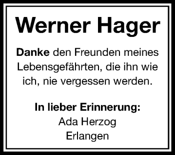Traueranzeige von Werner Hager von Gesamtausgabe Nürnberger Nachrichten/ Nürnberger Ztg.