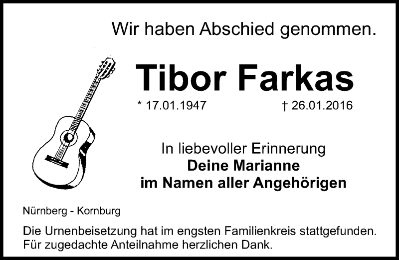  Traueranzeige für Tibor Farkas vom 13.02.2016 aus Gesamtausgabe Nürnberger Nachrichten/ Nürnberger Ztg.