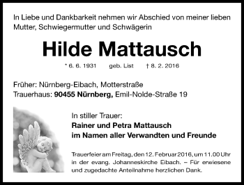 Traueranzeige von Hilde Mattausch von Gesamtausgabe Nürnberger Nachrichten/ Nürnberger Ztg.