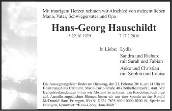 Traueranzeige von Hans-Georg Hauschildt von Erlanger Nachrichten Lokal