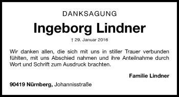Traueranzeige von Ingeborg Lindner von Gesamtausgabe Nürnberger Nachrichten/ Nürnberger Ztg.