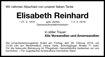 Traueranzeige von Elisabeth Reinhard von Gesamtausgabe Nürnberger Nachrichten/ Nürnberger Ztg.