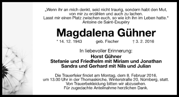 Traueranzeige von Magdalena Gühner von Gesamtausgabe Nürnberger Nachrichten/ Nürnberger Ztg.