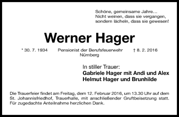 Traueranzeige von Werner Hager von Gesamtausgabe Nürnberger Nachrichten/ Nürnberger Ztg.