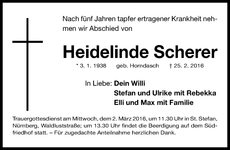  Traueranzeige für Heidelinde Scherer vom 27.02.2016 aus Gesamtausgabe Nürnberger Nachrichten/ Nürnberger Ztg.