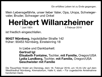 Traueranzeige von Heribert Willanzheimer von Gesamtausgabe Nürnberger Nachrichten/ Nürnberger Ztg.