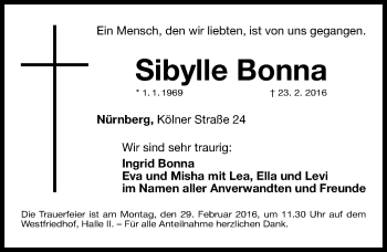 Traueranzeige von Sibylle Bonna von Gesamtausgabe Nürnberger Nachrichten/ Nürnberger Ztg.