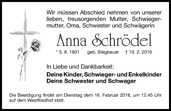 Traueranzeige von Anna Schrödel von Gesamtausgabe Nürnberger Nachrichten/ Nürnberger Ztg.