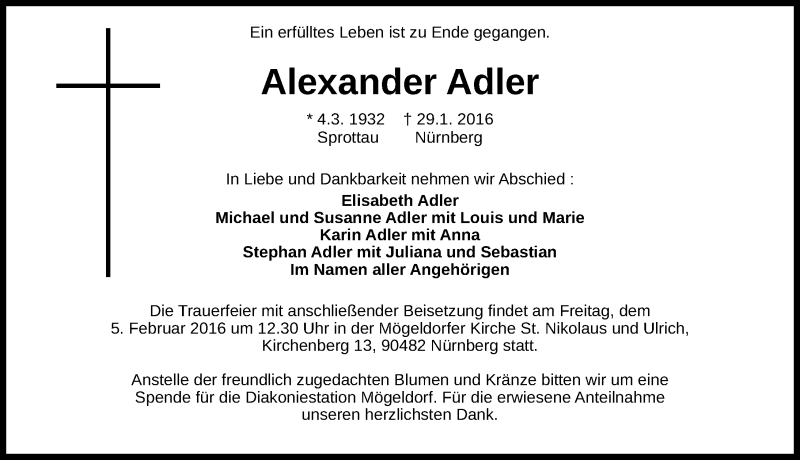  Traueranzeige für Alexander Adler vom 02.02.2016 aus Gesamtausgabe Nürnberger Nachrichten/ Nürnberger Ztg.