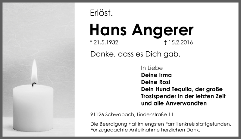  Traueranzeige für Hans Angerer vom 24.02.2016 aus Schwabach