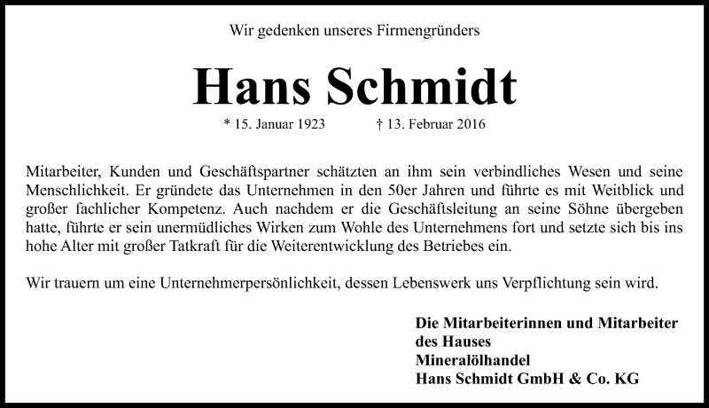  Traueranzeige für Hans Schmidt vom 15.02.2016 aus Fürther Nachrichten Lokal