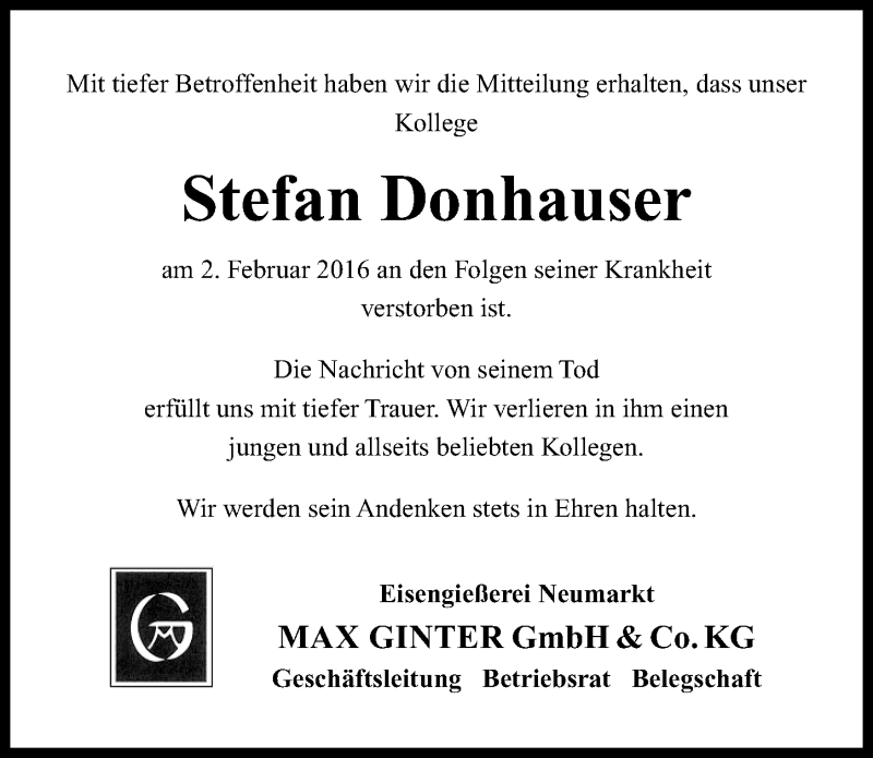  Traueranzeige für Stefan Donhauser vom 19.02.2016 aus Neumarkter Nachrichten Lokal