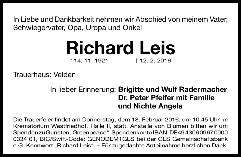  Traueranzeige für Richard Leis vom 15.02.2016 aus Gesamtausgabe Nürnberger Nachrichten/ Nürnberger Ztg.