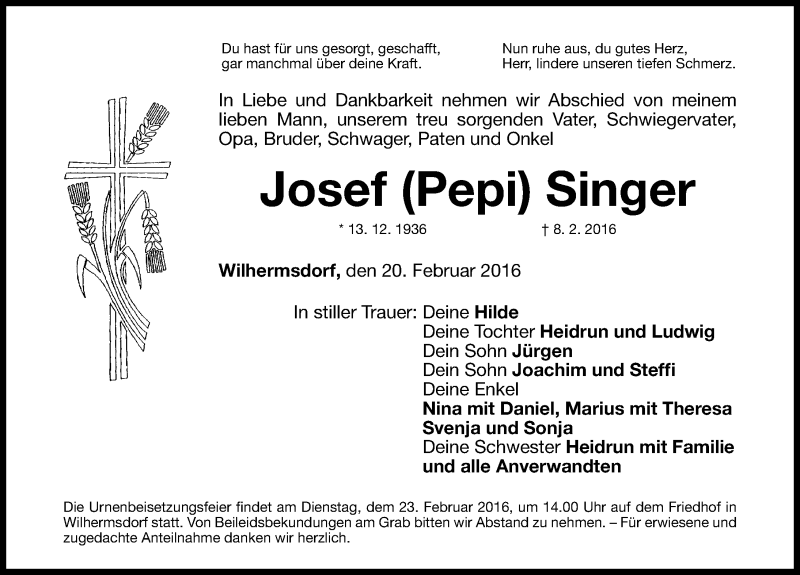  Traueranzeige für Josef Singer vom 20.02.2016 aus Fürther Nachrichten Lokal