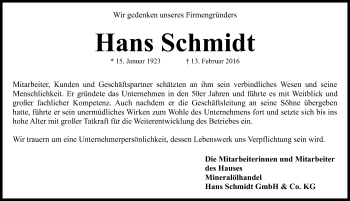 Traueranzeige von Hans Schmidt von Fürther Nachrichten Lokal
