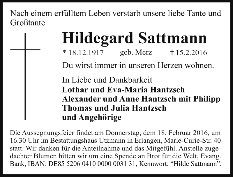  Traueranzeige für Hildegard Sattmann vom 17.02.2016 aus Gesamtausgabe Nürnberger Nachrichten/ Nürnberger Ztg.