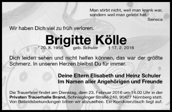 Traueranzeige von Brigitte Kölle von Gesamtausgabe Nürnberger Nachrichten/ Nürnberger Ztg.