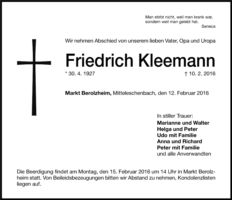  Traueranzeige für Friedrich Kleemann vom 13.02.2016 aus Altmühl-Bote Lokal