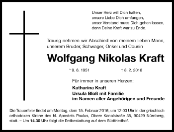 Traueranzeige von Wolfgang Nikolas Kraft von Gesamtausgabe Nürnberger Nachrichten/ Nürnberger Ztg.
