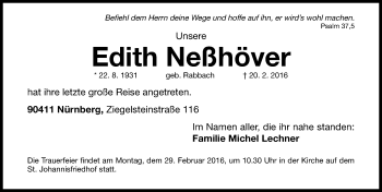 Traueranzeige von Edith Neßhöver von Gesamtausgabe Nürnberger Nachrichten/ Nürnberger Ztg.