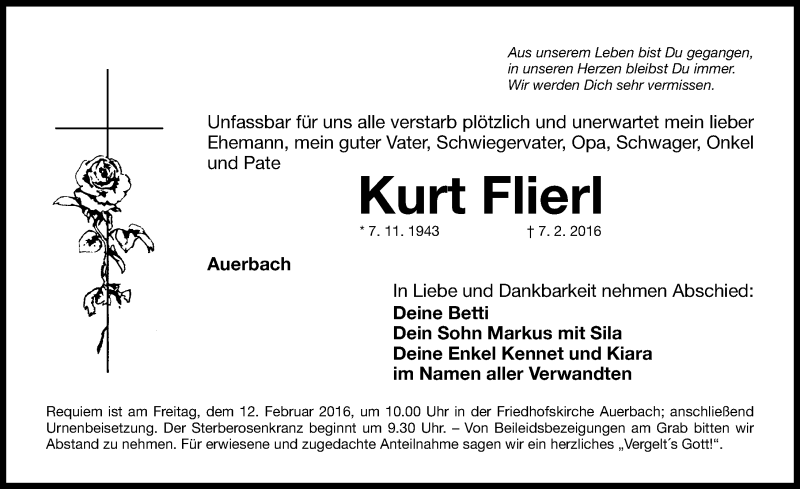  Traueranzeige für Kurt Flierl vom 09.02.2016 aus Nordbayerische Nachrichten Pegnitz Lokal