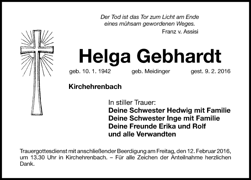  Traueranzeige für Helga Gebhardt vom 11.02.2016 aus Nordbayerische Nachrichten Forchheim Lokal