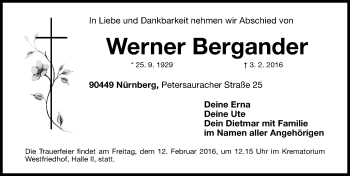 Traueranzeige von Werner Bergander von Gesamtausgabe Nürnberger Nachrichten/ Nürnberger Ztg.